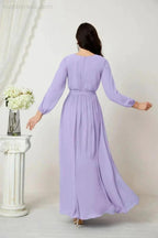 Sunnderly Evening Dresses Deep V-Neck Chiffon Bridesmaid Dresses Long Bishop Sleeve Side Split Formal Dress SY2806