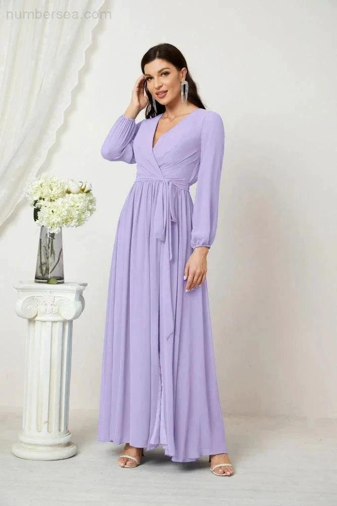 Sunnderly Evening Dresses Deep V-Neck Chiffon Bridesmaid Dresses Long Bishop Sleeve Side Split Formal Dress SY2806