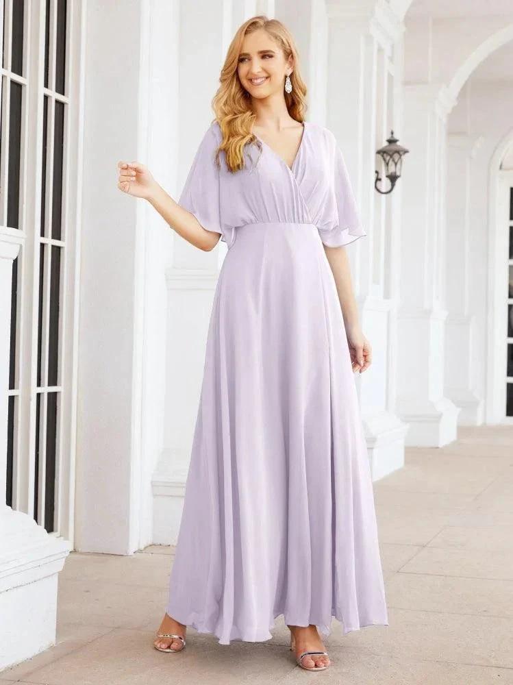 Numbersea V-Neck Bridesmaid Dress Chiffon Long Open Back Formal Dresses for Women Party Evening 28067