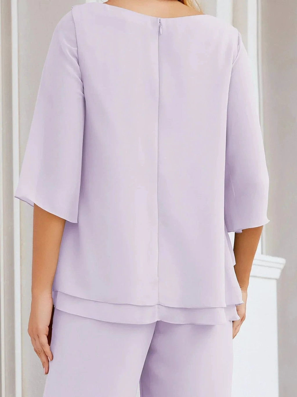 Sunnderly Elegant 2 Piece Mother of The Bride Dress Plus Size Pant Suits Ruffle Layers Sliver Housecoat SY28064