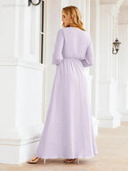 Sunnderly Women's Chiffon Bridesmaid Dress A line Long Sleeves Formal Evening Prom Gown for Wedding Guest SY28032
