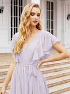Numbersea Women's Open Back Formal Evening Party Prom Gowns V-Neck Long Chiffon Bridesmaid Dresses with Waist Belt 28038