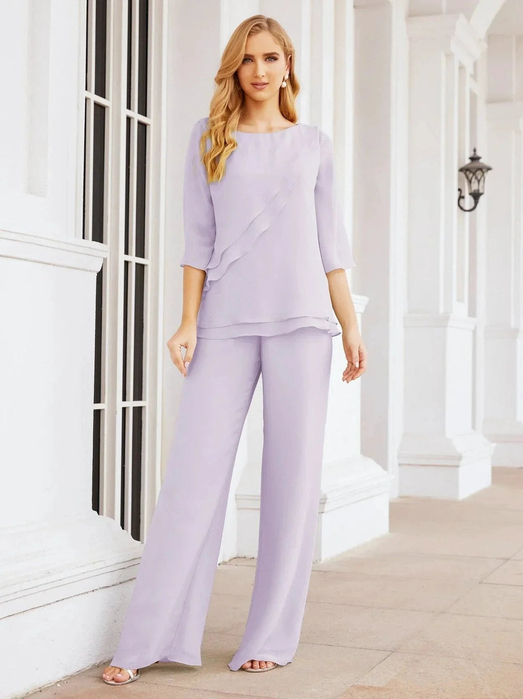 Sunnderly Elegant 2 Piece Mother of The Bride Dress Plus Size Pant Suits Ruffle Layers Sliver Housecoat SY28064
