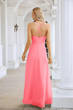 Ladies Chiffon Spaghetti Strap V Neck Front Slit Floor Length Bridesmaid Evening Dress Prom Party Wedding Evening Dress 28116