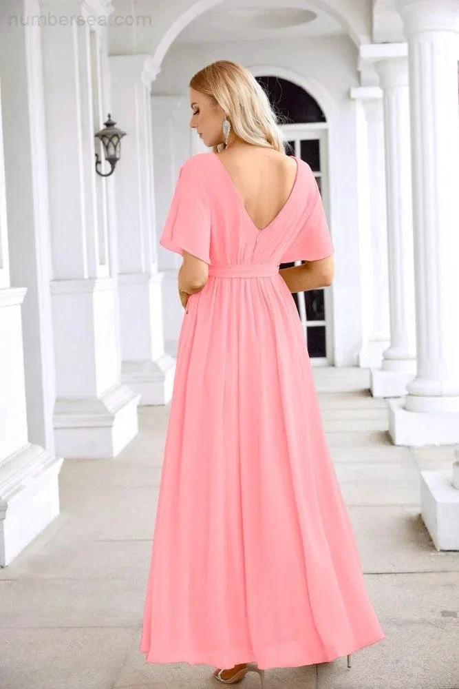 Ladies Chiffon Sleeve Crew Neck Front Slit Floor Length Bridesmaid Evening Dress Wedding Party Evening Dress 28124