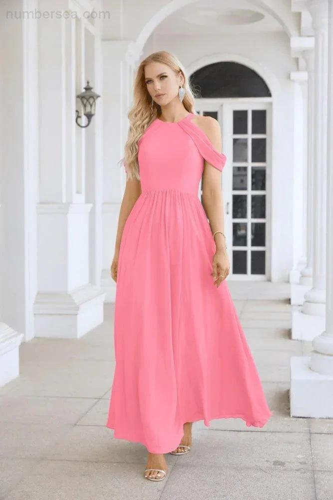 Ladies Chiffon Off Shoulder Swing Sleeve Front Slit Bridesmaid Evening Dress Wedding Party Evening Dress 28117