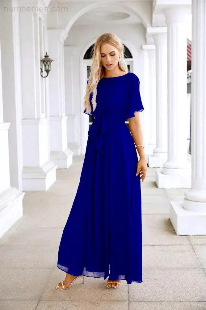 Ladies Chiffon Sleeve Crew Neck Front Slit Floor Length Bridesmaid Evening Dress Wedding Party Evening Dress 28124
