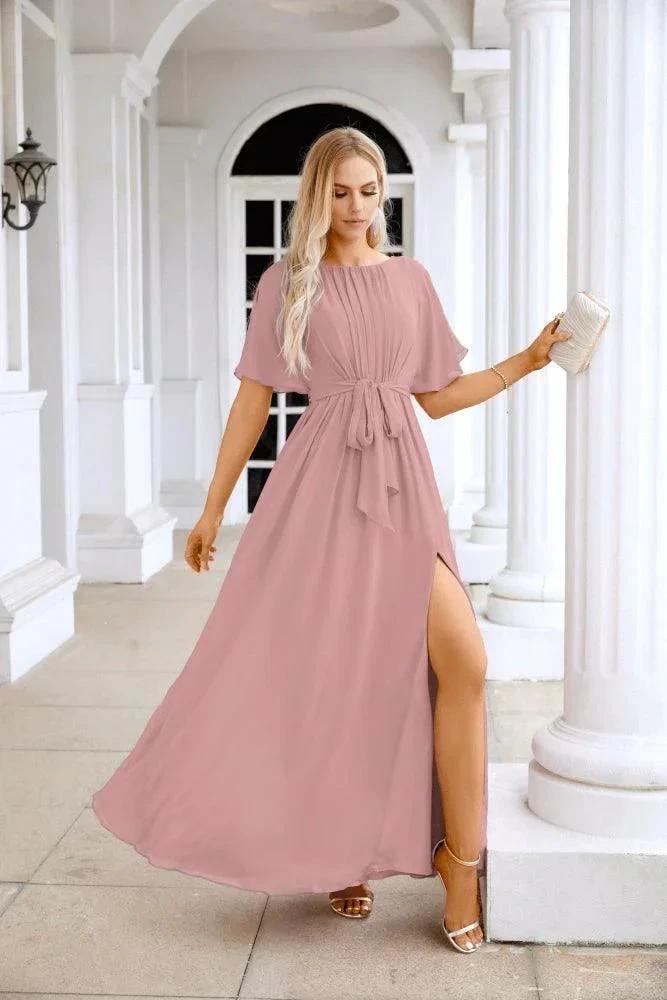 Ladies Chiffon Sleeve Crew Neck Front Slit Floor Length Bridesmaid Evening Dress Wedding Party Evening Dress 28124