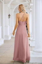 Ladies Chiffon Spaghetti Strap V Neck Front Slit Floor Length Bridesmaid Evening Dress Prom Party Wedding Evening Dress 28116