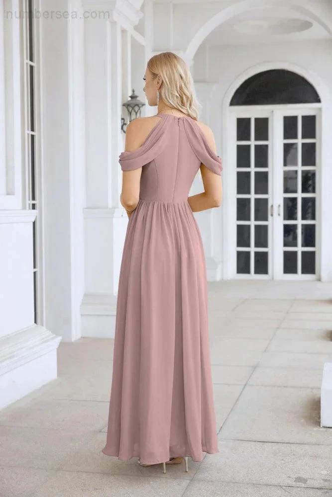 Ladies Chiffon Off Shoulder Swing Sleeve Front Slit Bridesmaid Evening Dress Wedding Party Evening Dress 28117
