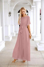 Ladies Chiffon Sleeve Crew Neck Front Slit Floor Length Bridesmaid Evening Dress Wedding Party Evening Dress 28124