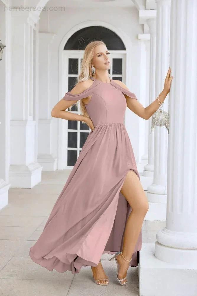 Ladies Chiffon Off Shoulder Swing Sleeve Front Slit Bridesmaid Evening Dress Wedding Party Evening Dress 28117