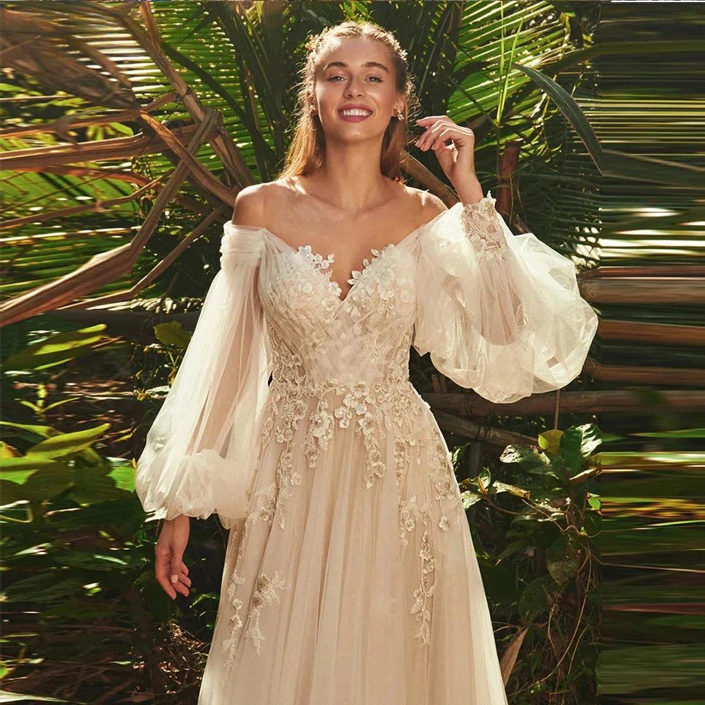 Elegant Sweetheart Neck Puff Long Sleeves Wedding Dress For Women 2023 Backless Tulle Bridal Gown Classic Robe