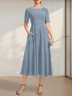 A-line Scoop Tea-Length Chiffon Mother of the Bride Dress With Appliques Lace Sequins