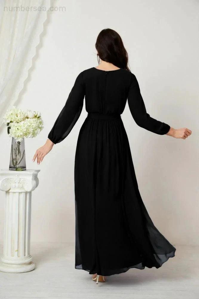 Sunnderly Evening Dresses Deep V-Neck Chiffon Bridesmaid Dresses Long Bishop Sleeve Side Split Formal Dress SY2806