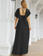 Numbersea Chiffon Bridesmaid Dresses Long Formal Evening Prom Mother of The Bride Dress with Flutter Sleeve     SEA28040