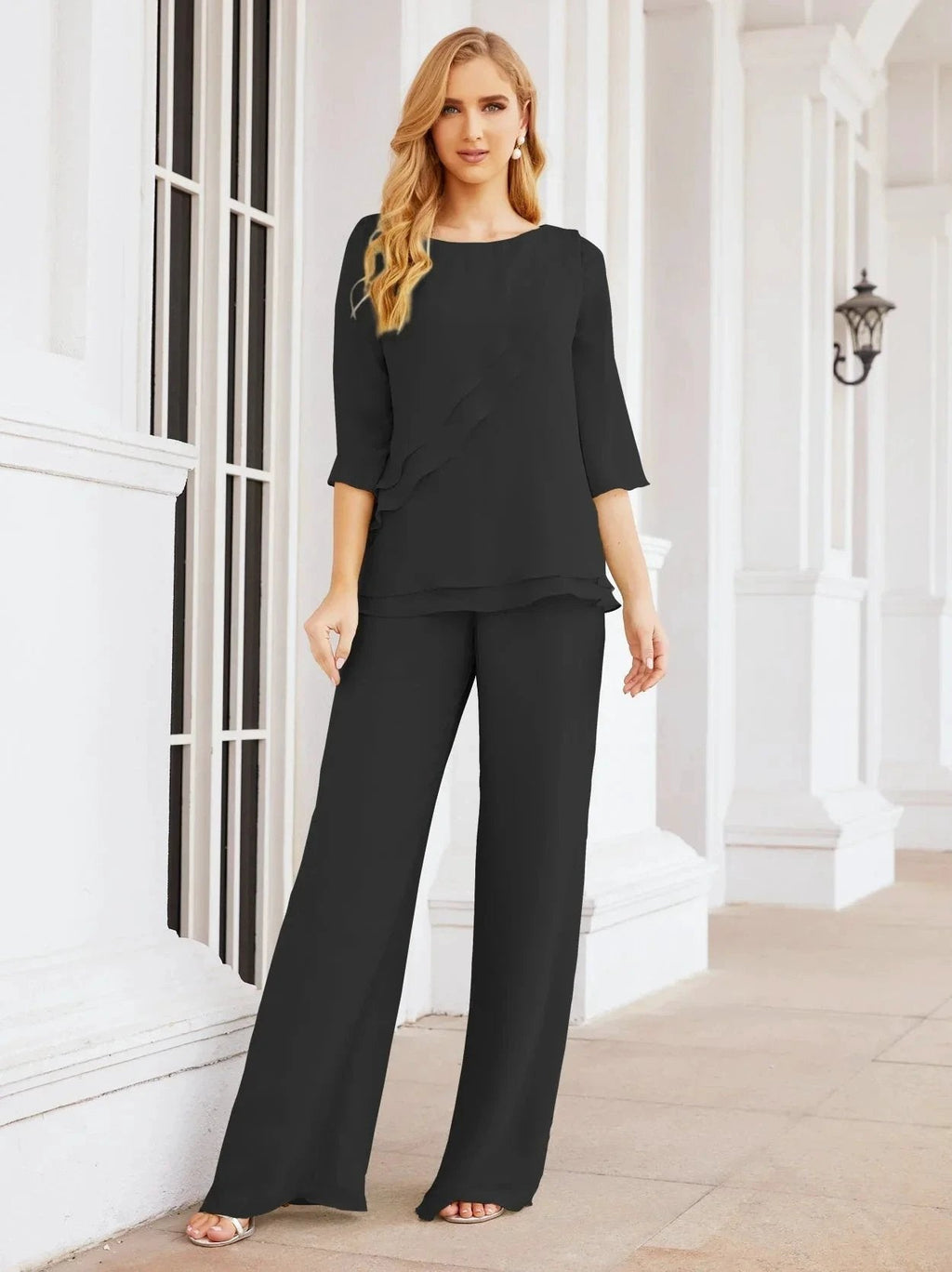 Sunnderly Elegant 2 Piece Mother of The Bride Dress Plus Size Pant Suits Ruffle Layers Sliver Housecoat SY28064