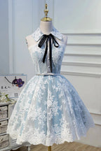 Cute Halter Homecoming Dresses with Lace Appliques