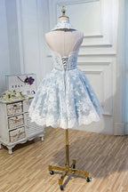 Cute Halter Homecoming Dresses with Lace Appliques
