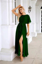 Ladies Chiffon Sleeve Crew Neck Front Slit Floor Length Bridesmaid Evening Dress Wedding Party Evening Dress 28124