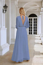 Ladies V Neck Chiffon Long Sleeve Front Slit Bridesmaid Evening Dress Wedding Party Shopping Evening Dress 28109