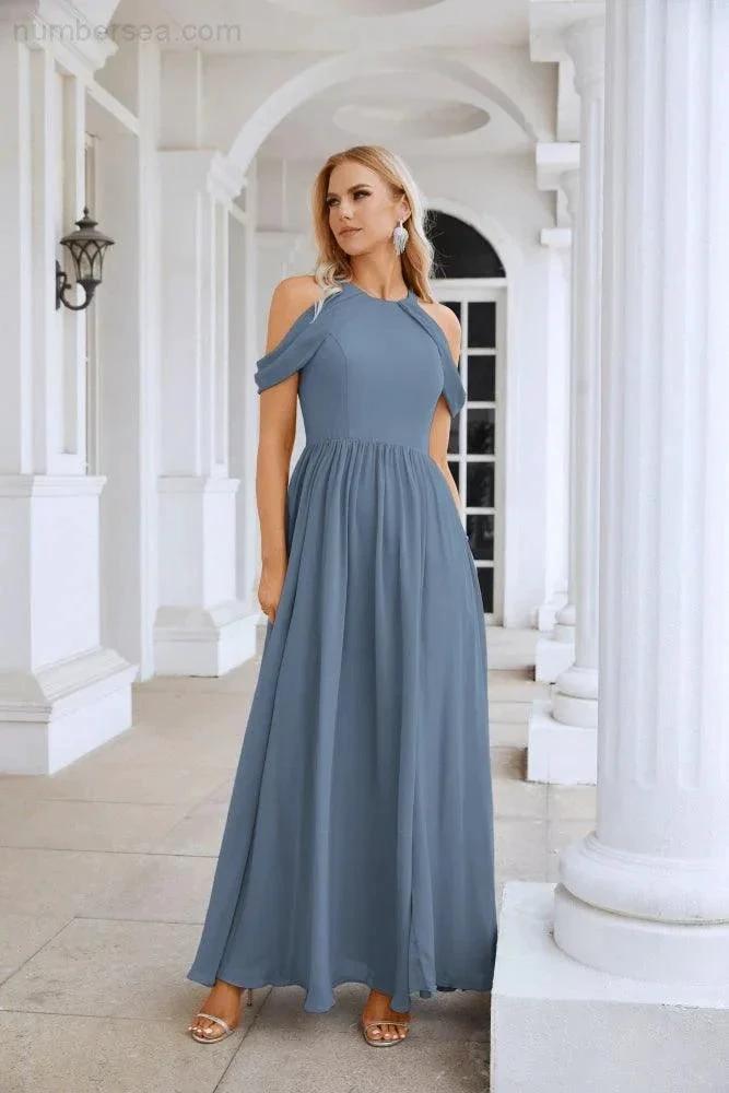 Ladies Chiffon Off Shoulder Swing Sleeve Front Slit Bridesmaid Evening Dress Wedding Party Evening Dress 28117