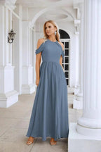 Ladies Chiffon Off Shoulder Swing Sleeve Front Slit Bridesmaid Evening Dress Wedding Party Evening Dress 28117