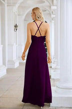 Ladies Chiffon Spaghetti Strap V Neck Front Slit Floor Length Bridesmaid Evening Dress Prom Party Wedding Evening Dress 28116