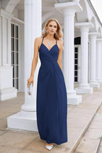 Ladies Chiffon Spaghetti Strap V Neck Front Slit Floor Length Bridesmaid Evening Dress Prom Party Wedding Evening Dress 28116