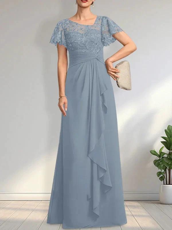 A-line Asymmetrical Illusion Floor-Length Lace Chiffon Mother of the Bride Dress With Cascading Ruffles Sequins