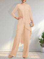 Separates Jumpsuit/Pantsuit Scoop Floor-Length Chiffon Mother of the Bride Dress With Sequins Beading