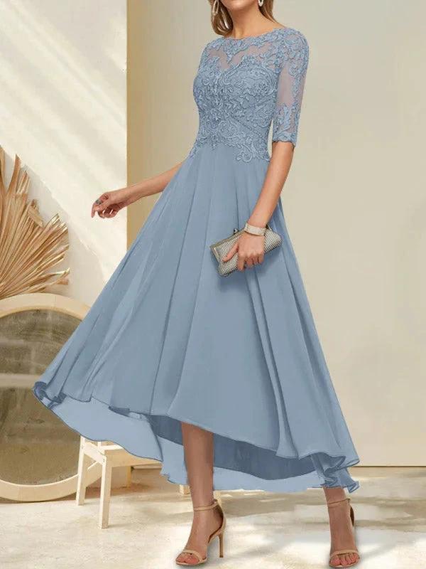 A-line Boat Neck Illusion Asymmetrical Chiffon Lace Mother of the Bride Dress With Sequins Beading