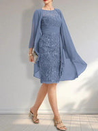 Sheath Scoop Illusion Knee-Length Lace Chiffon Mother of the Bride Dress With Cascading Ruffles Sequins