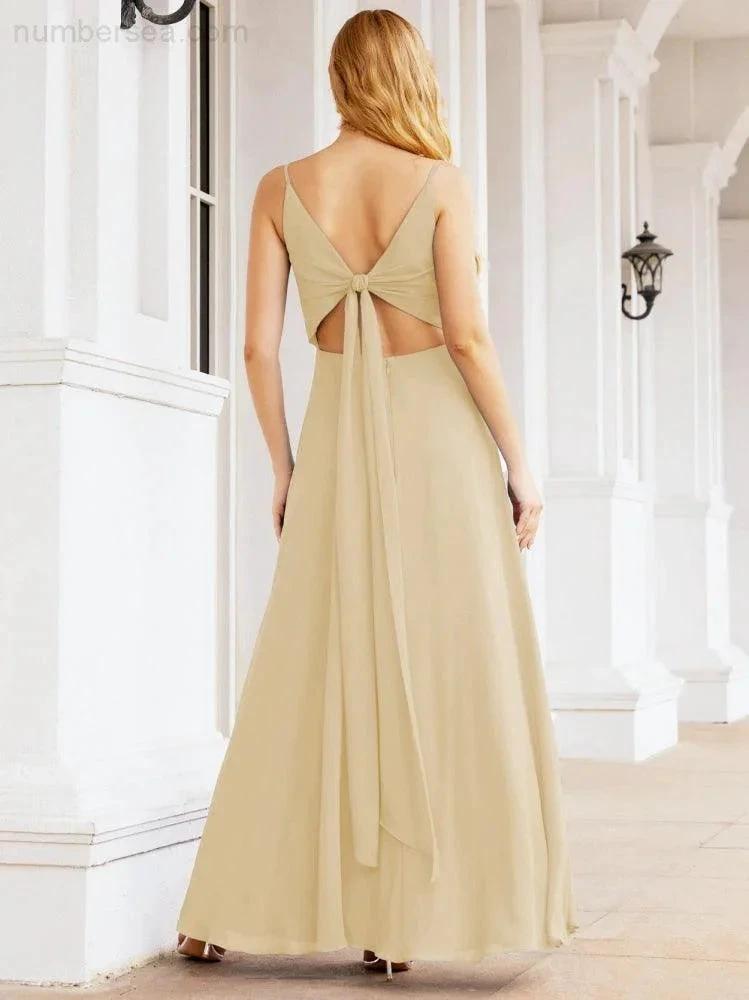Numbersea Spaghetti Strap Bridesmaid Dresses V Neck Butterfly Back Fromal Evening Party Prom Gown 28036