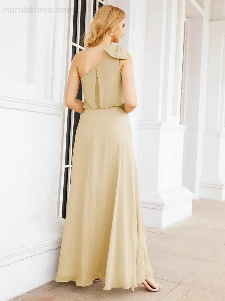 Numbersea Chiffon Ruffled One Shoulder Sleeveless Long Bride Dresses A-line Formal Evening Gown Side Split 28057