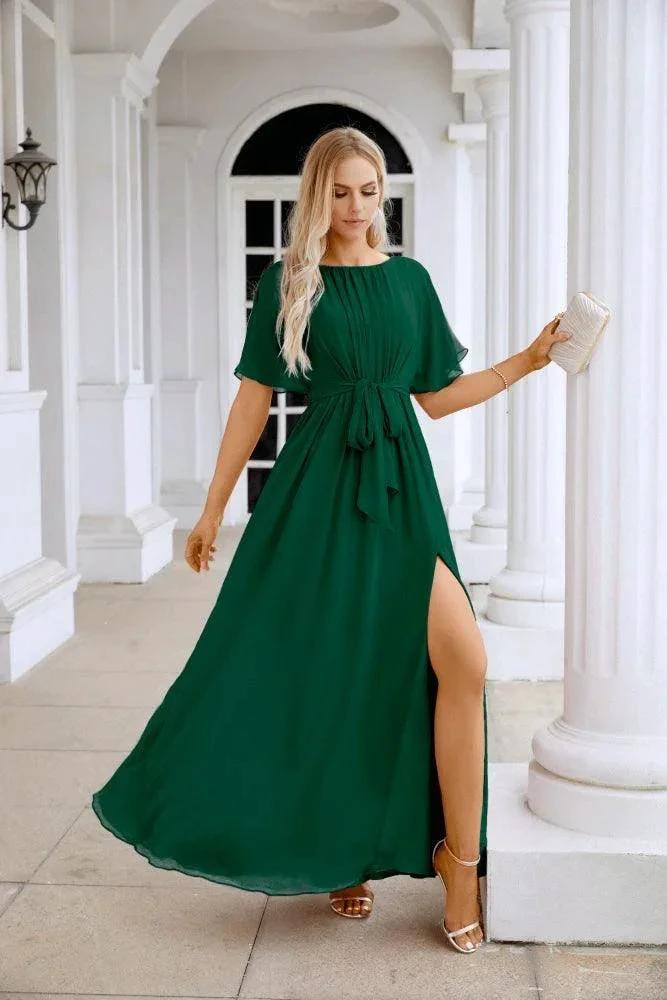 Ladies Chiffon Sleeve Crew Neck Front Slit Floor Length Bridesmaid Evening Dress Wedding Party Evening Dress 28124