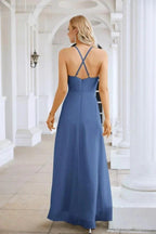 Ladies Chiffon Spaghetti Strap V Neck Front Slit Floor Length Bridesmaid Evening Dress Prom Party Wedding Evening Dress 28116