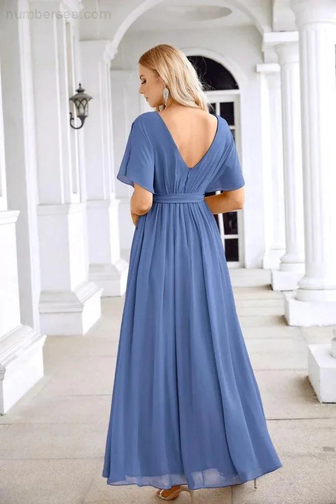 Ladies Chiffon Sleeve Crew Neck Front Slit Floor Length Bridesmaid Evening Dress Wedding Party Evening Dress 28124