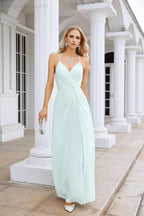 Ladies Chiffon Spaghetti Strap V Neck Front Slit Floor Length Bridesmaid Evening Dress Prom Party Wedding Evening Dress 28116