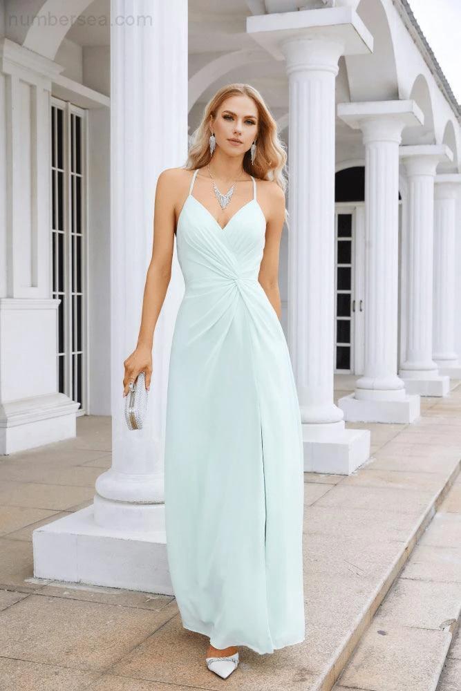 Ladies Chiffon Spaghetti Strap V Neck Front Slit Floor Length Bridesmaid Evening Dress Prom Party Wedding Evening Dress 28116