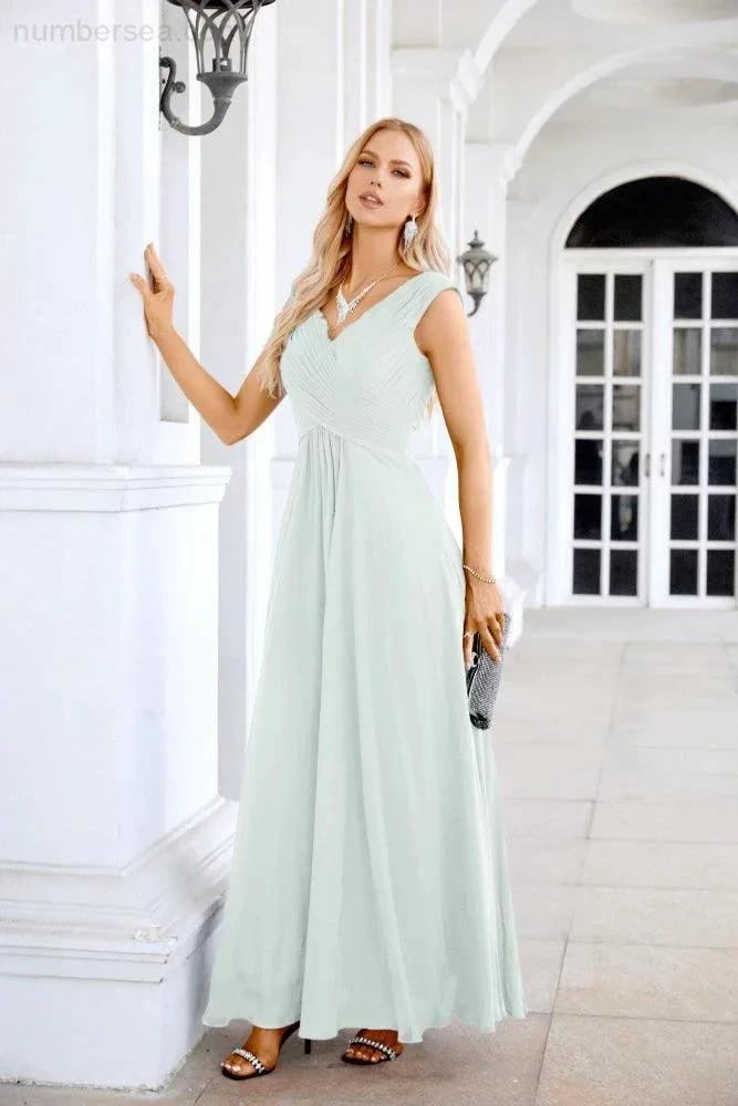 Ladies Chiffon V Neck Sleeveless Floor Length Bridesmaid Evening Dress Wedding Party Evening Dress 28126