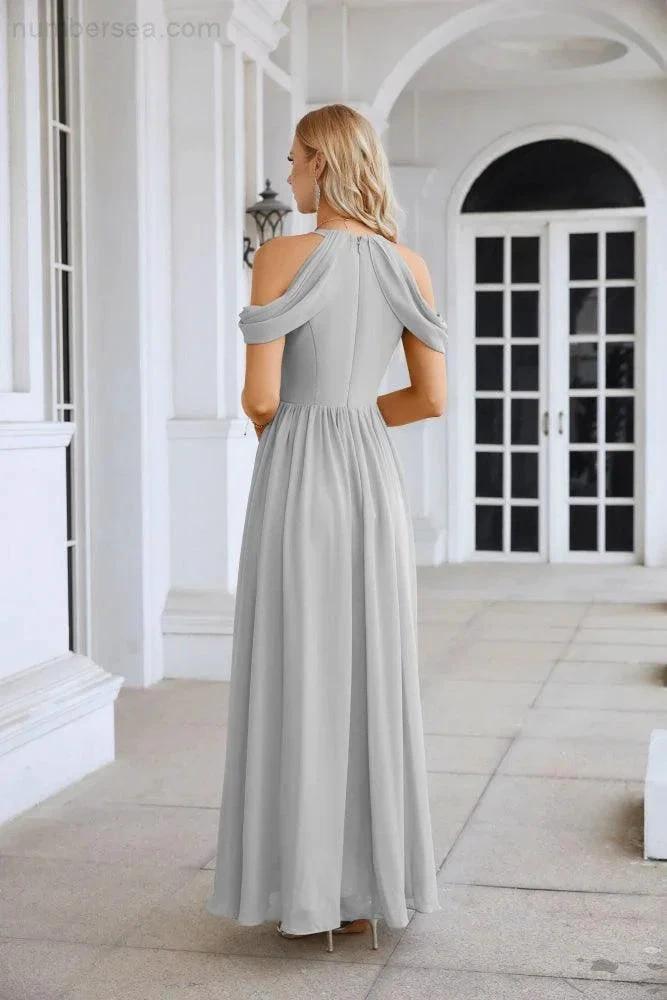 Ladies Chiffon Off Shoulder Swing Sleeve Front Slit Bridesmaid Evening Dress Wedding Party Evening Dress 28117