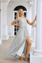 Ladies Chiffon Off Shoulder Swing Sleeve Front Slit Bridesmaid Evening Dress Wedding Party Evening Dress 28117