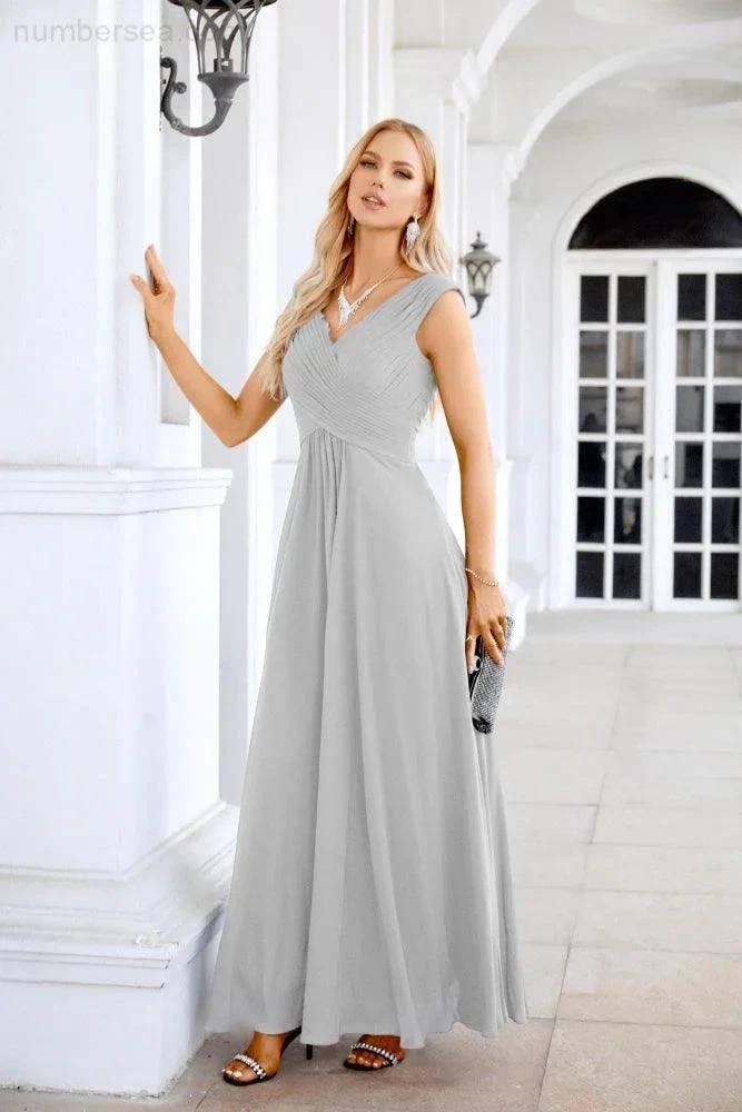 Ladies Chiffon V Neck Sleeveless Floor Length Bridesmaid Evening Dress Wedding Party Evening Dress 28126