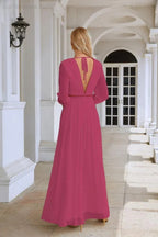 Ladies V Neck Chiffon Long Sleeve Front Slit Bridesmaid Evening Dress Wedding Party Shopping Evening Dress 28109