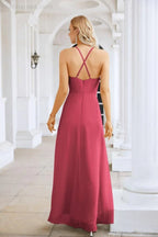 Ladies Chiffon Spaghetti Strap V Neck Front Slit Floor Length Bridesmaid Evening Dress Prom Party Wedding Evening Dress 28116