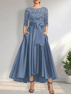 A-line Scoop Illusion Asymmetrical Satin Lace Mother of the Bride Dress With Bow