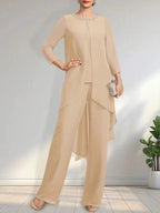 Separates Jumpsuit/Pantsuit Scoop Floor-Length Chiffon Mother of the Bride Dress With Sequins Beading