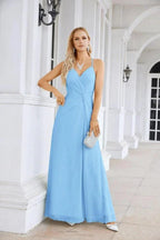 Ladies Chiffon Spaghetti Strap V Neck Front Slit Floor Length Bridesmaid Evening Dress Prom Party Wedding Evening Dress 28116