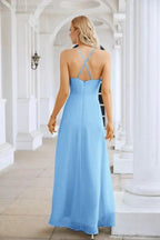 Ladies Chiffon Spaghetti Strap V Neck Front Slit Floor Length Bridesmaid Evening Dress Prom Party Wedding Evening Dress 28116